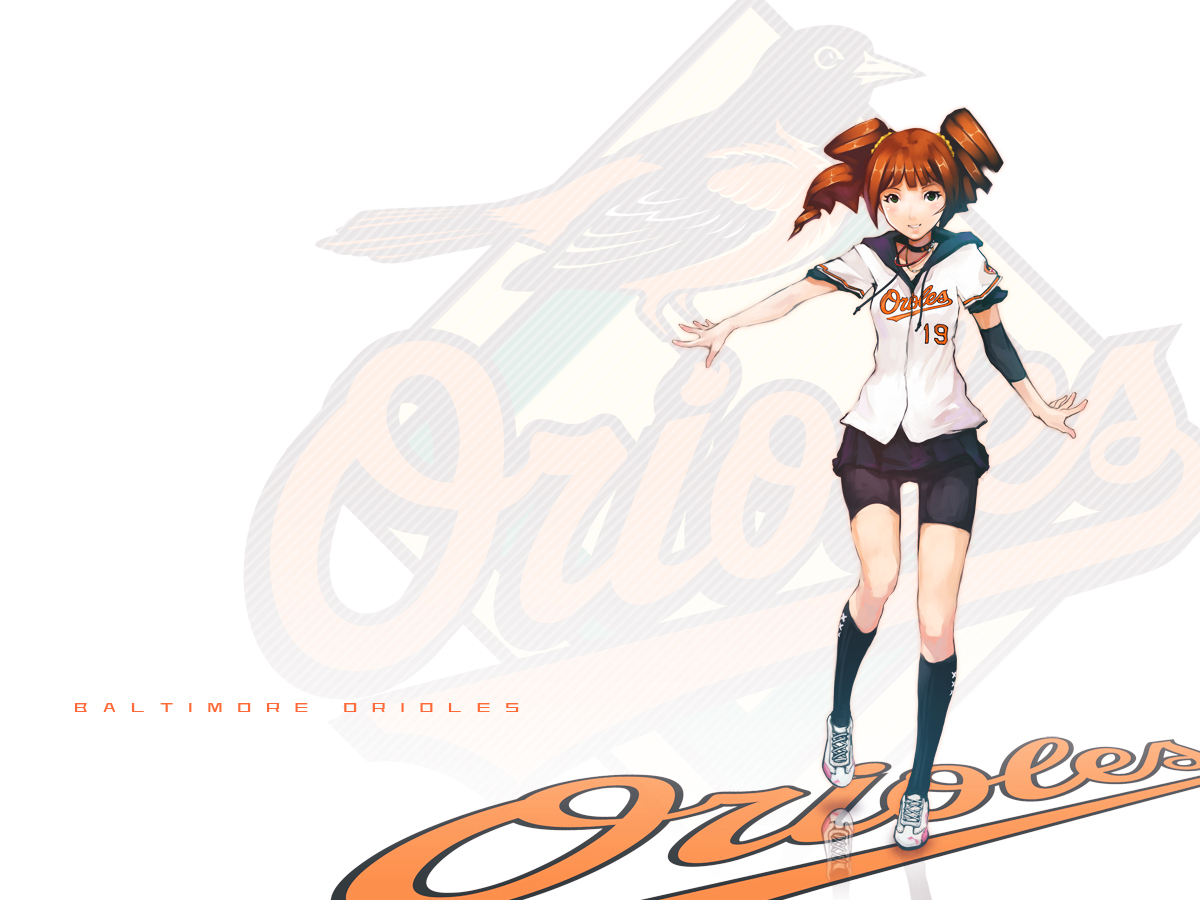 ekao, takatsuki yayoi, baltimore orioles, idolmaster, idolmaster (classic), bad id, bad pixiv id, 00s, 1girl, armband, baseball, baseball uniform, bike shorts, brown hair, casual, clothes writing, drill hair, female focus, green eyes, hood, hoodie, jacket, short hair, shorts, skirt, smile, solo, sportswear, twintails, united states