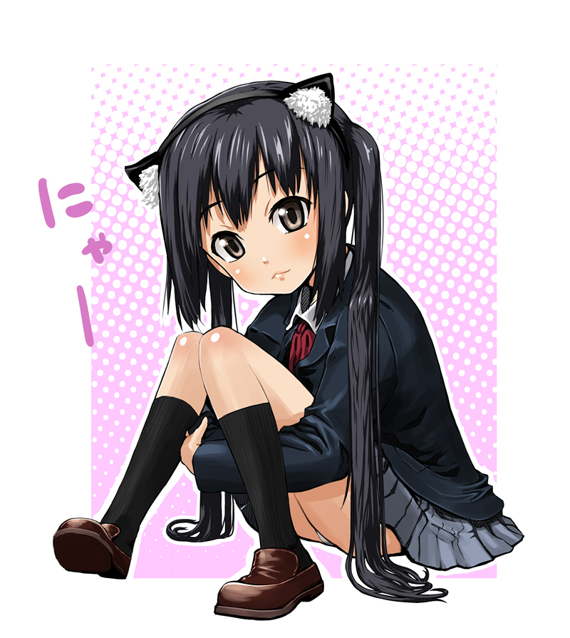 meru (pixiv), ryou (effort), nakano azusa, k-on!, bad id, bad pixiv id, 00s, 1girl, animal ears, black hair, blush, brown eyes, cat ears, female focus, long hair, neck ribbon, nyan, panties, red ribbon, ribbon, school uniform, shoes, sitting, skirt, socks, solo, twintails, underwear
