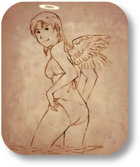 aaru sentou shuudan, nemu (haibane renmei), haibane renmei, 00s, 1girl, bikini, brown theme, female focus, halo, monochrome, rounded corners, solo, swimsuit, traditional halo, wings