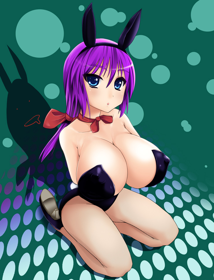 nishibi, bad id, bad pixiv id, character request, source request, 1girl, animal ears, blue eyes, breasts, fake animal ears, female focus, huge breasts, long hair, pantyhose, playboy bunny, purple hair, rabbit ears, solo