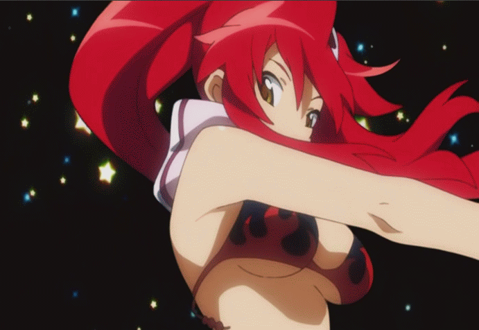 yoko littner, pieces of sweet stars, tengen toppa gurren lagann, animated, animated gif, anime screenshot, 00s, 1girl, bikini, bikini top only, bouncing breasts, breasts, cleavage, female focus, finger gun, fingerless gloves, gloves, hair ornament, hairclip, large breasts, one eye closed, pointing, red hair, scarf, skull, skull hair ornament, solo, star (symbol), swimsuit, underboob, wink, winking (animated), yellow eyes