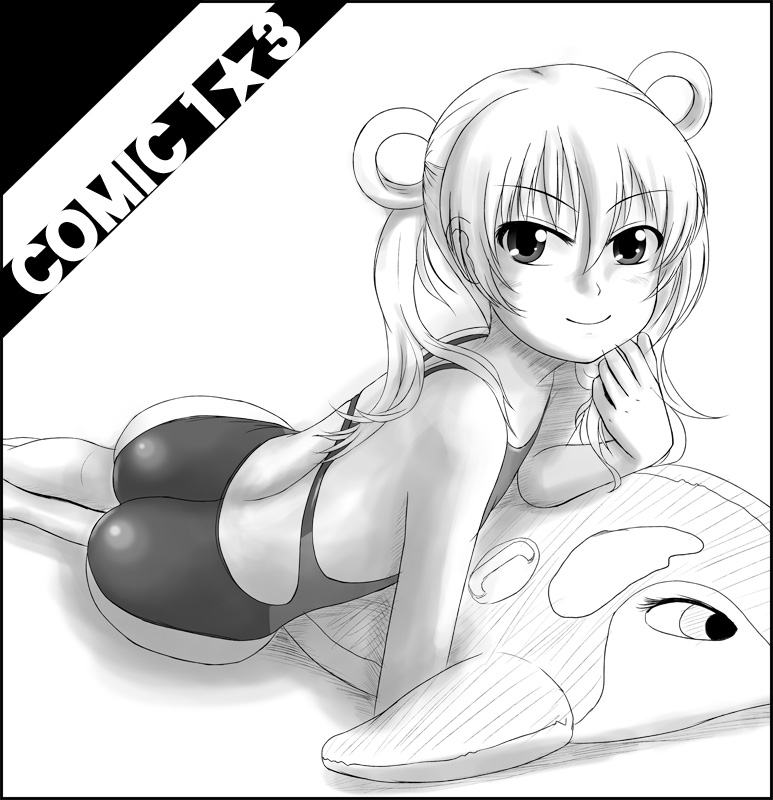 tk4, original, 1girl, ass, competition swimsuit, dolphin, female focus, flat chest, greyscale, inflatable raft, long hair, lying, monochrome, on stomach, one-piece swimsuit, solo, swimsuit, twintails