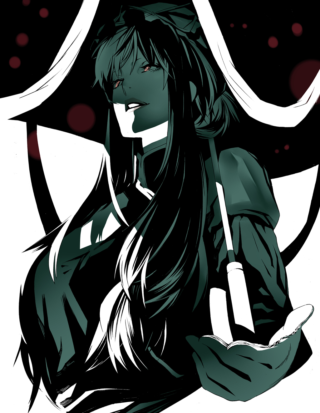 onigunsou, yakumo yukari, touhou, highres, 1girl, blood, female focus, foreshortening, from below, gloves, hat, lips, long hair, looking up, monochrome, open mouth, red eyes, solo, spot color, umbrella