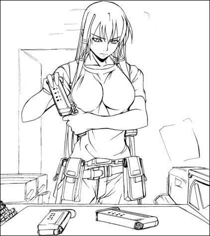 tatsumiya mana, mahou sensei negima!, lowres, 00s, 1girl, breasts, bullet, female focus, gun, indoors, long hair, monochrome, solo, weapon