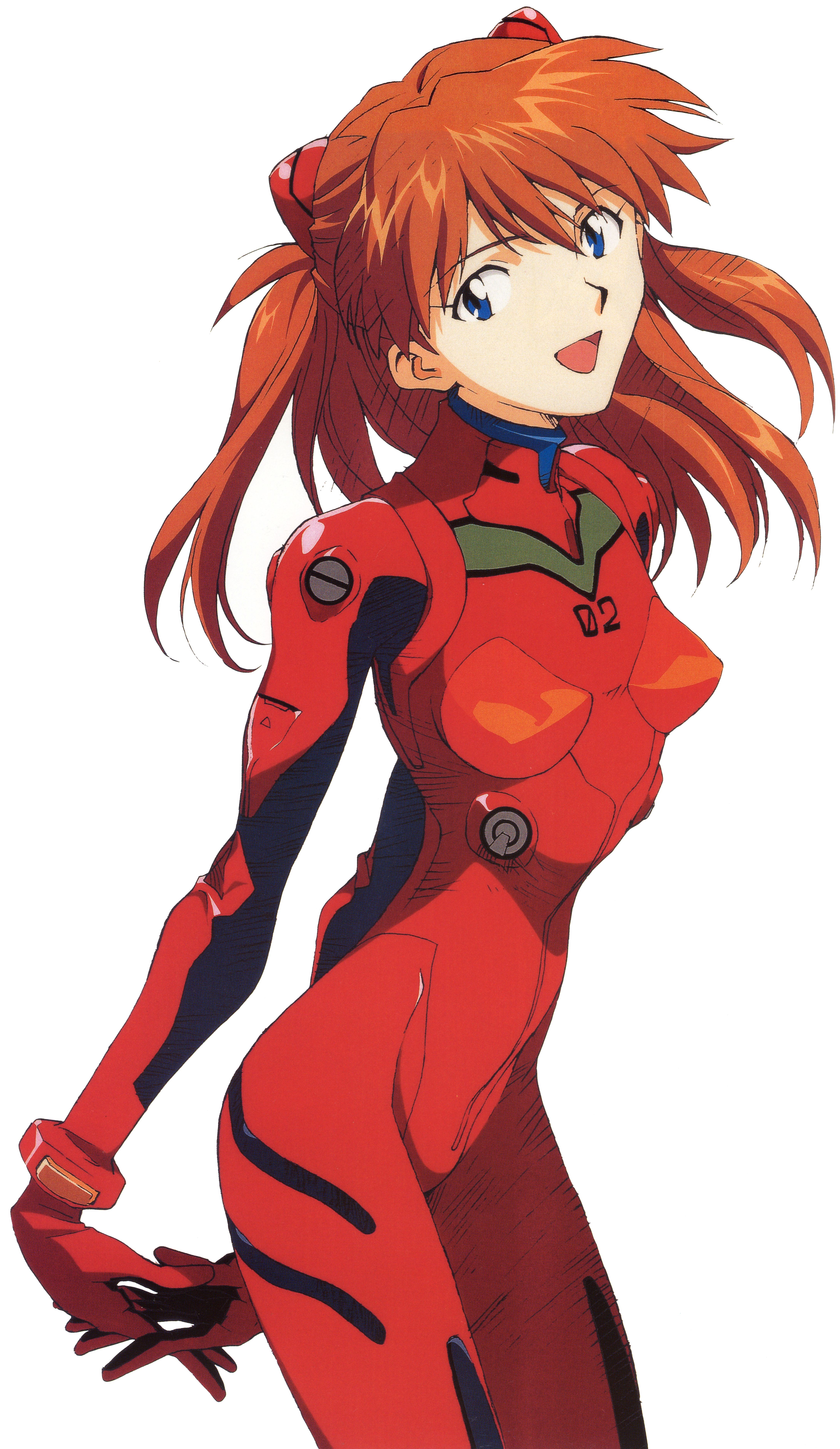 honda takeshi, souryuu asuka langley, neon genesis evangelion, absurdres, artbook, highres, official art, scan, 1girl, :d, arms behind back, blue eyes, bodysuit, bracer, breasts, cowboy shot, female focus, from side, gloves, hair ornament, happy, head tilt, interlocked fingers, long hair, looking at viewer, mecha pilot suit, open mouth, orange hair, own hands clasped, own hands together, perky breasts, plugsuit (evangelion), red hair, simple background, skinny, small breasts, smile, solo, turtleneck, white background