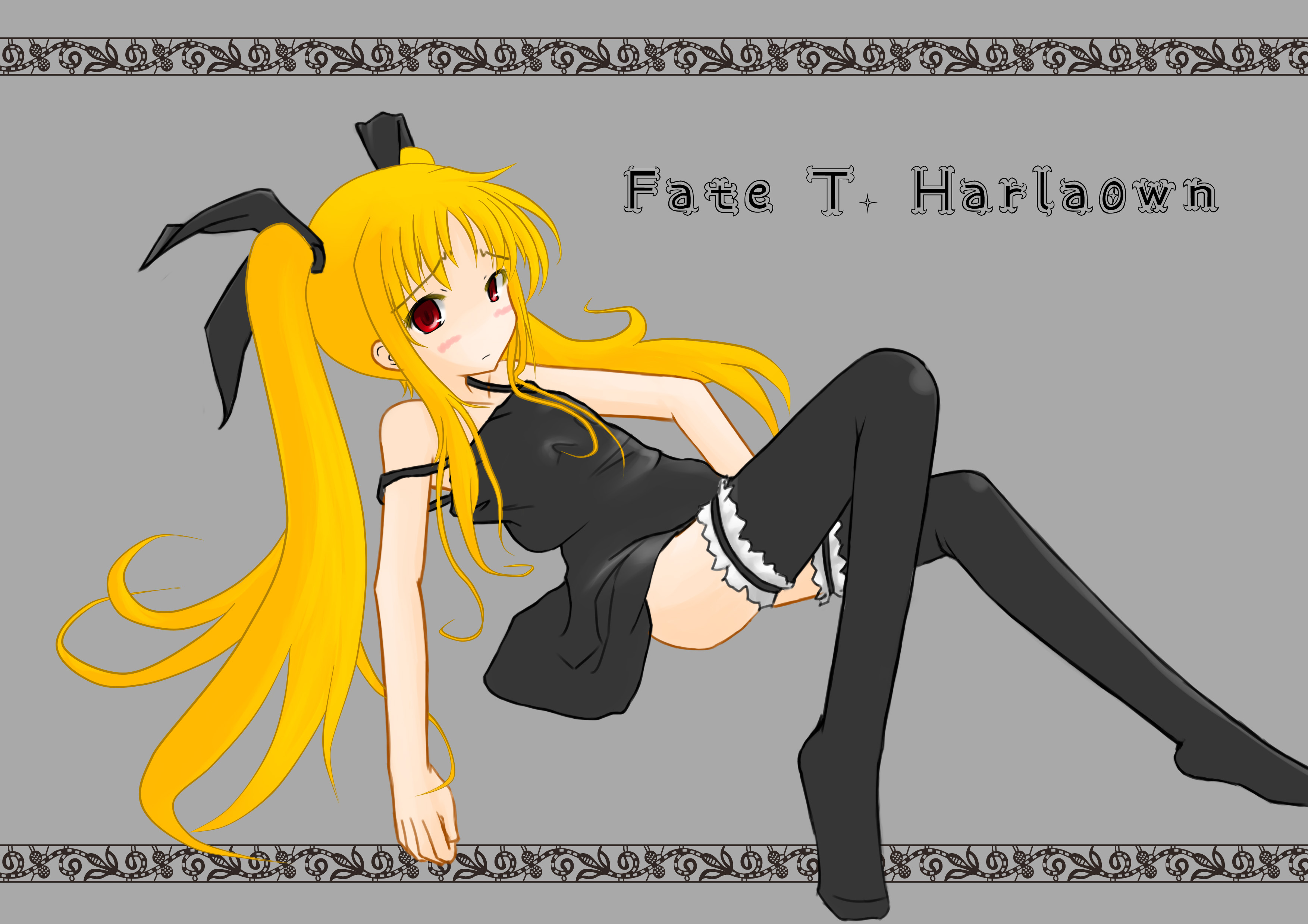 sens, fate testarossa, lyrical nanoha, mahou shoujo lyrical nanoha, absurdres, highres, 00s, blonde hair, blush, frilled thighhighs, frills, hair ribbon, long hair, red eyes, ribbon, solo, thighhighs, twintails, zettai ryouiki
