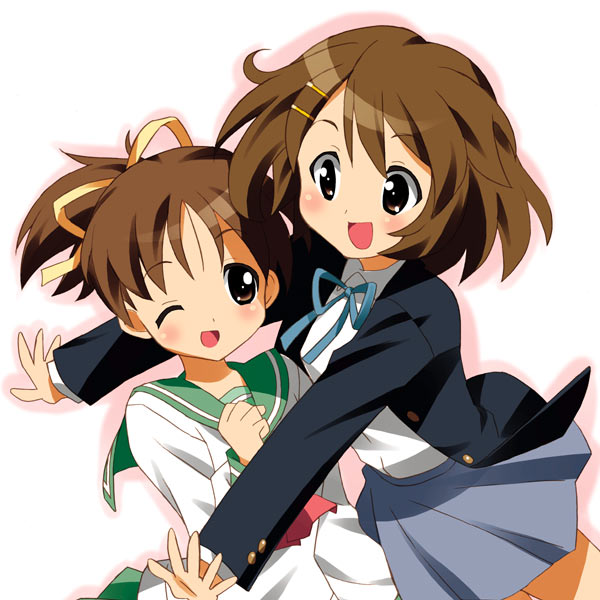 nal, nal (studio ng), studio ng, hirasawa ui, hirasawa yui, k-on!, 00s, 2girls, brown eyes, brown hair, hug, multiple girls, one eye closed, open mouth, ponytail, school uniform, serafuku, short hair, siblings, sisters, wink