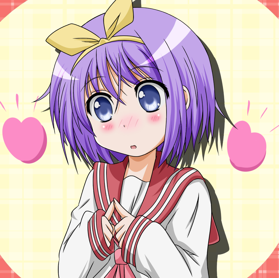 takumi (rozen garten), hiiragi tsukasa, lucky star, 00s, blue eyes, blush, heart, purple hair, school uniform, serafuku, short hair, solo