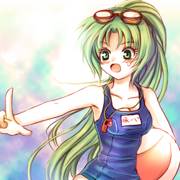 mauve, sonozaki mion, higurashi no naku koro ni, bad id, bad pixiv id, 00s, 1girl, ball, beachball, blue one-piece swimsuit, blush, breasts, collarbone, female focus, goggles, green eyes, green hair, holding, long hair, looking to the side, matching hair/eyes, one-piece swimsuit, open mouth, outstretched arm, ponytail, school swimsuit, solo, sweat, sweatdrop, swimsuit, upper body, whistle