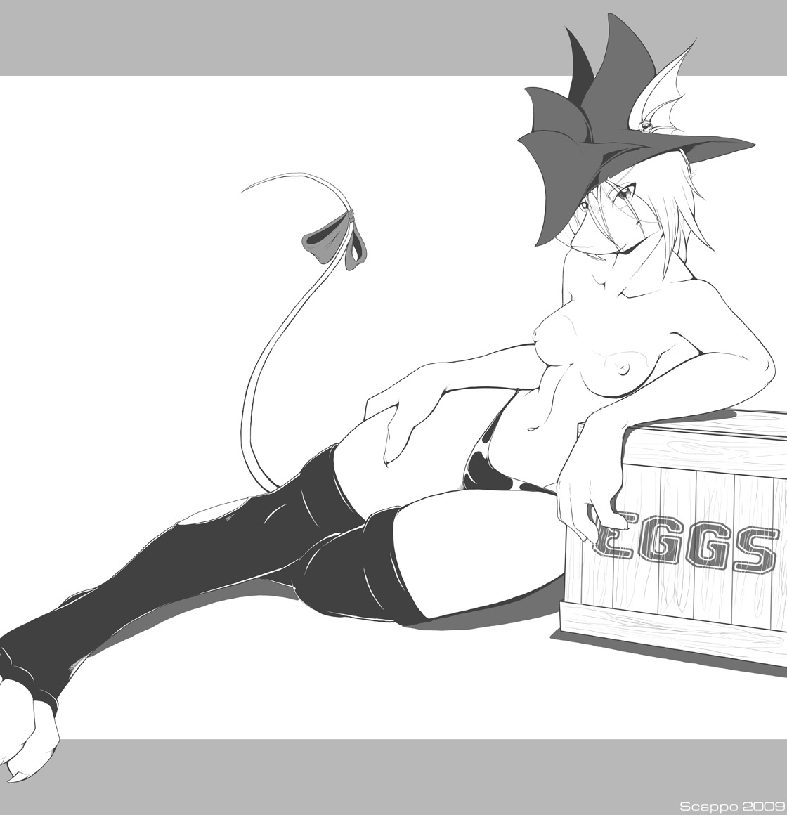 scappo, dragoon (final fantasy), freya crescent, final fantasy, final fantasy ix, 00s, 1girl, animal ears, box, breasts, burmecian, feet, female focus, greyscale, hat, head wings, highleg, highleg panties, lying, monochrome, mouse tail, narrow waist, nipples, on side, panties, ribbon, small breasts, solo, tail, tail ornament, tail ribbon, thighhighs, toeless legwear, toes, topless female, underwear, wings