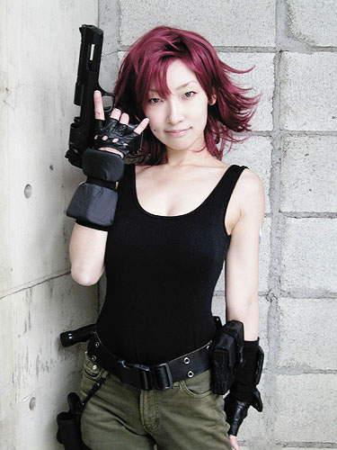 meryl silverburgh, metal gear (series), metal gear solid, lowres, photo (medium), cosplay, gun, military fatigues, military uniform, weapon