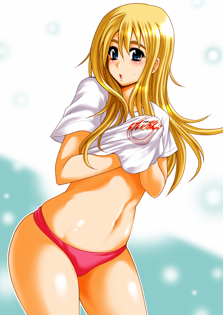 taihei tengoku, kotobuki tsumugi, k-on!, 00s, 1girl, aged up, blonde hair, blue eyes, clothes lift, clothes writing, curvy, female focus, long hair, navel, no pants, panties, pink panties, shirt, shirt lift, solo, t-shirt, underwear