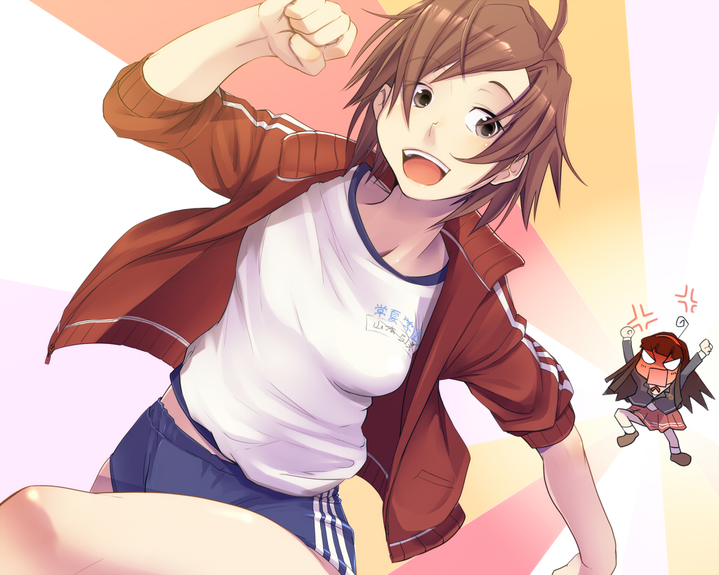 painpa, original, striped, 2girls, ahoge, anger vein, angry, arm up, arms up, black hair, breasts, brown eyes, brown hair, buruma, chibi, clenched hands, gym uniform, hairband, jacket, large breasts, leg up, long hair, multiple girls, open mouth, running, school uniform, short hair, sleeves pushed up, smile, standing, standing on one leg, track jacket
