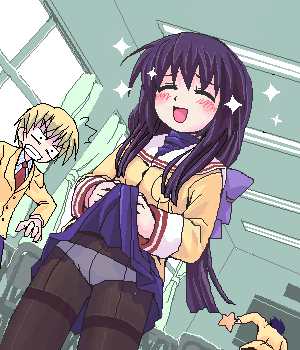 ibuki fuuko, okazaki tomoya, sunohara youhei, clannad, lowres, 00s, 1girl, 2boys, black hair, clothes lift, crotch seam, dutch angle, multiple boys, oekaki, panties, panties under pantyhose, pantyhose, school uniform, skirt, skirt lift, starfish, thighband pantyhose, underwear, upskirt