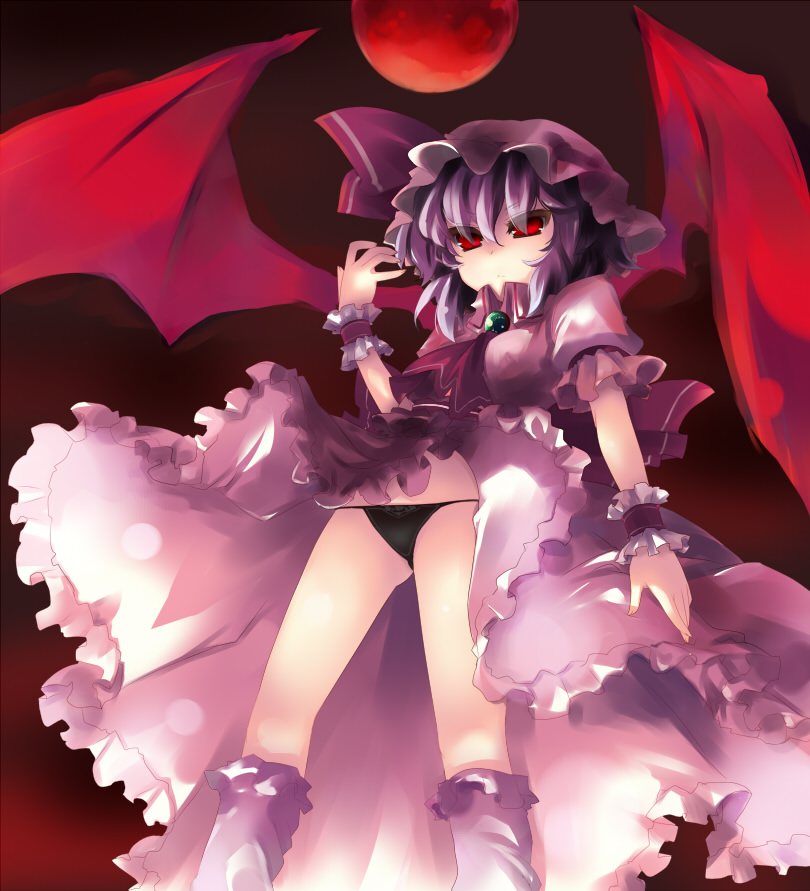 shin (new), remilia scarlet, touhou, 1girl, black panties, female focus, gradient background, hat, moon, outdoors, panties, pantyshot, purple hair, red eyes, red moon, sky, solo, underwear, wings