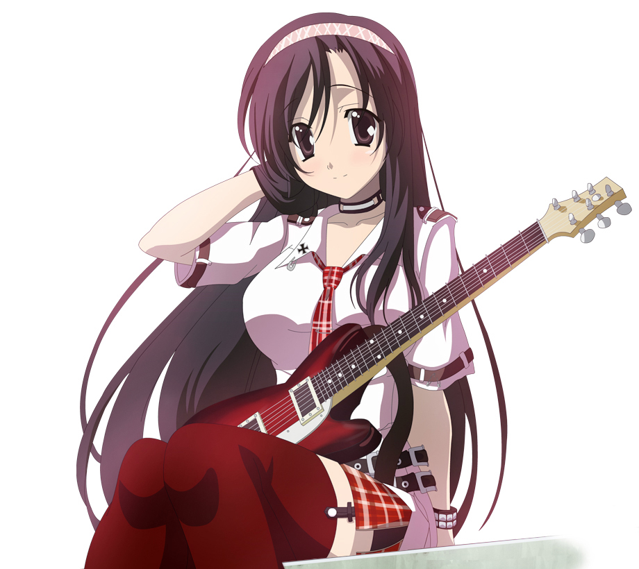 tenchou no matsumoto, katsura kotonoha, k-on!, school days, plaid neckwear, bad id, bad pixiv id, 00s, 1girl, adjusting hair, choker, female focus, guitar, hairband, instrument, long hair, necktie, plaid clothes, plaid necktie, plaid skirt, purple eyes, purple hair, red thighhighs, sitting, skirt, smile, solo, thighhighs