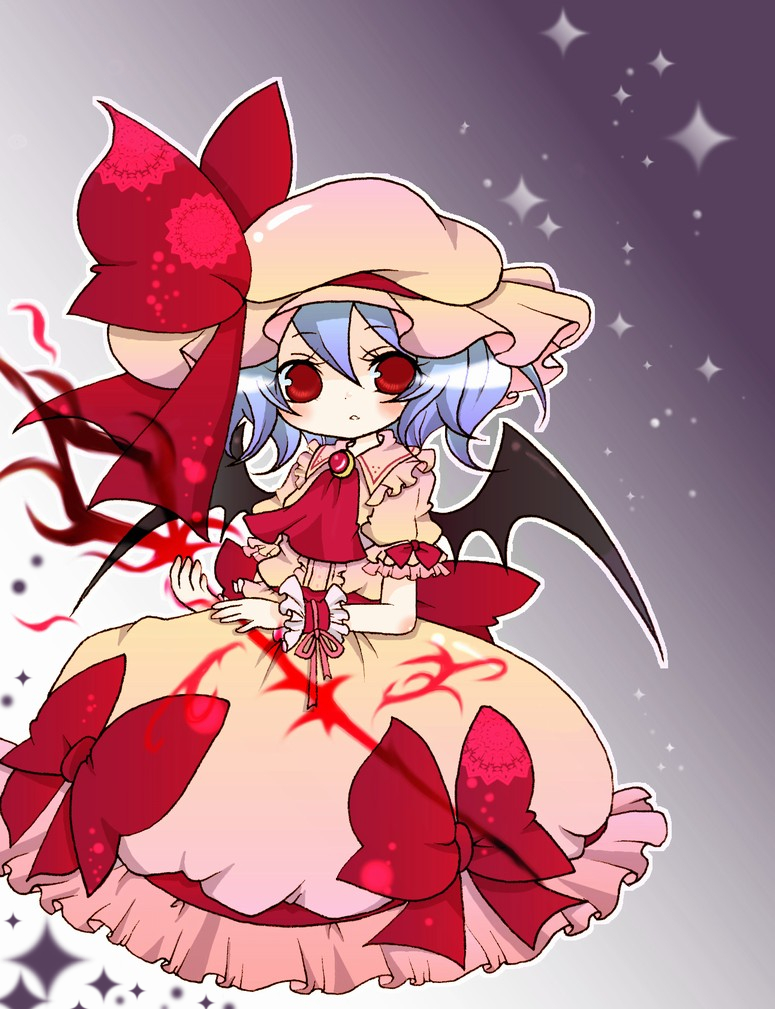 haru (citron citron), remilia scarlet, touhou, bad id, bad pixiv id, 1girl, bat wings, blue hair, blush, female focus, full body, gradient background, grey background, hat, red eyes, short hair, solo, standing, white background, wings