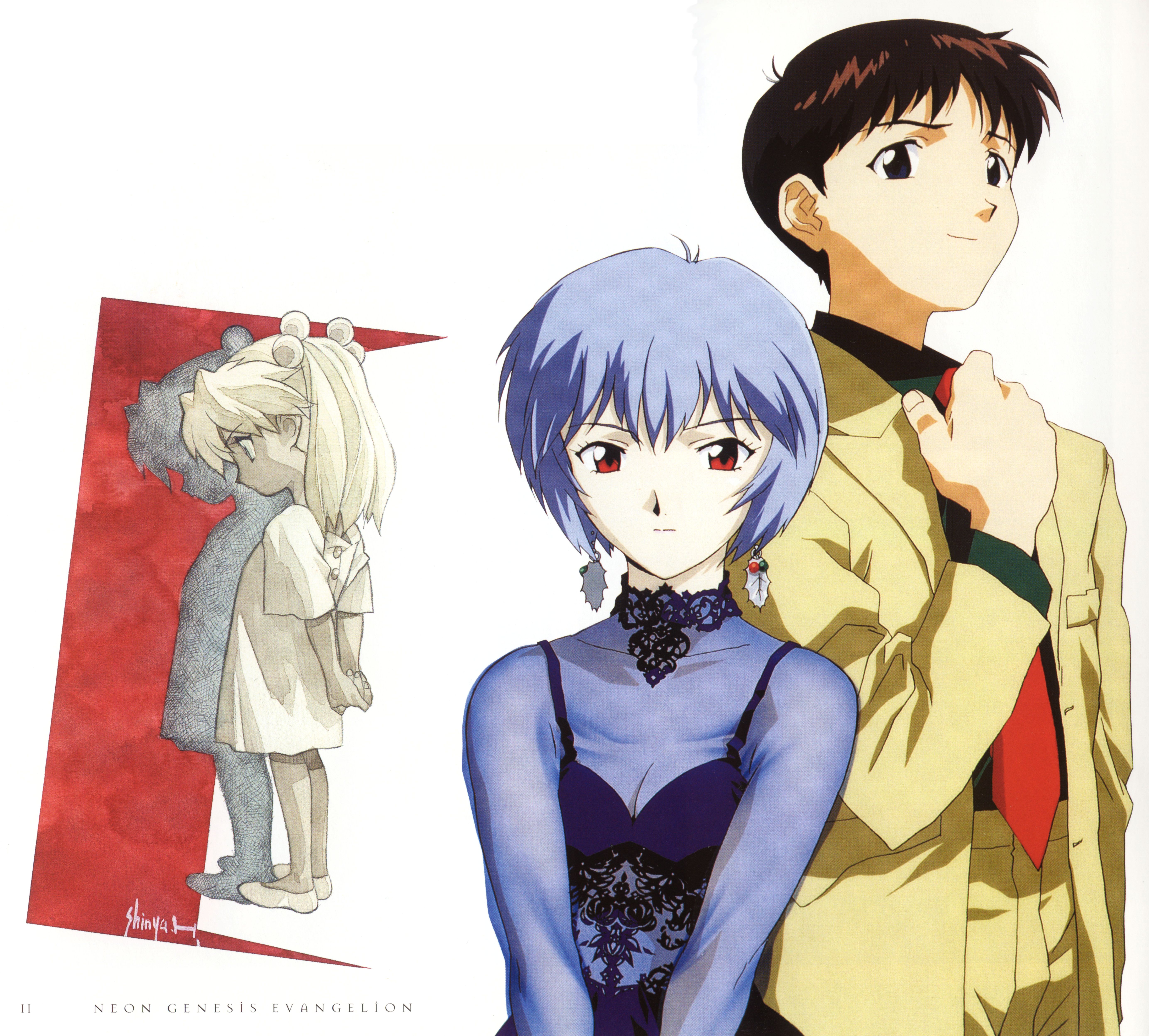 hasegawa shin'ya, ayanami rei, ikari shinji, souryuu asuka langley, gainax, neon genesis evangelion, absurdres, artbook, cleaned, highres, official art, 1boy, 2girls, adjusting clothes, adjusting necktie, aged down, blue hair, brown hair, christmas, dress, earrings, formal clothes, jewelry, multiple girls, necktie, red eyes, short hair, suit