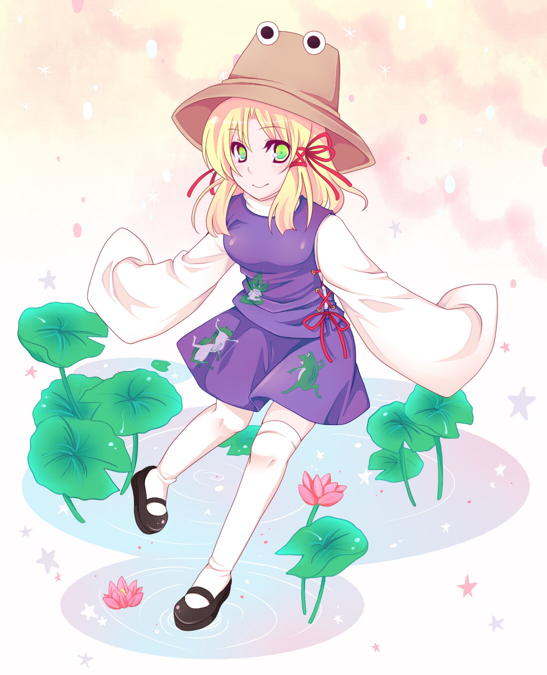 shino (mijinko), moriya suwako, touhou, bad id, bad pixiv id, highres, 1girl, blonde hair, female focus, full body, gradient background, green eyes, hat, nature, outdoors, plant, skirt, sky, solo, star (symbol), thighhighs, white background