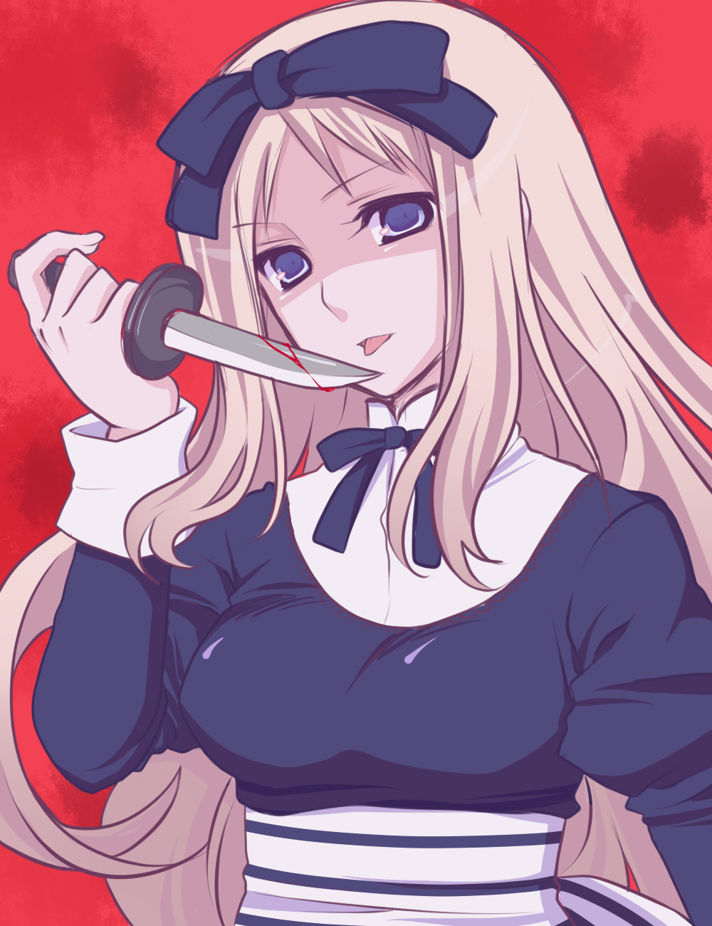 shino (mijinko), belarus (hetalia), axis powers hetalia, striped, bad id, bad pixiv id, highres, 00s, 1girl, blonde hair, blood, blue eyes, breasts, dress, female focus, hair ribbon, knife, licking, long hair, ribbon, solo, tongue