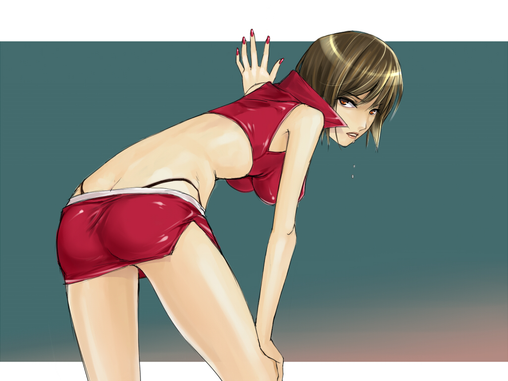meiko (vocaloid), vocaloid, 1girl, black panties, brown eyes, brown hair, butt crack, female focus, looking back, midriff, nail polish, panties, red eyes, red nails, short hair, skirt, solo, underwear