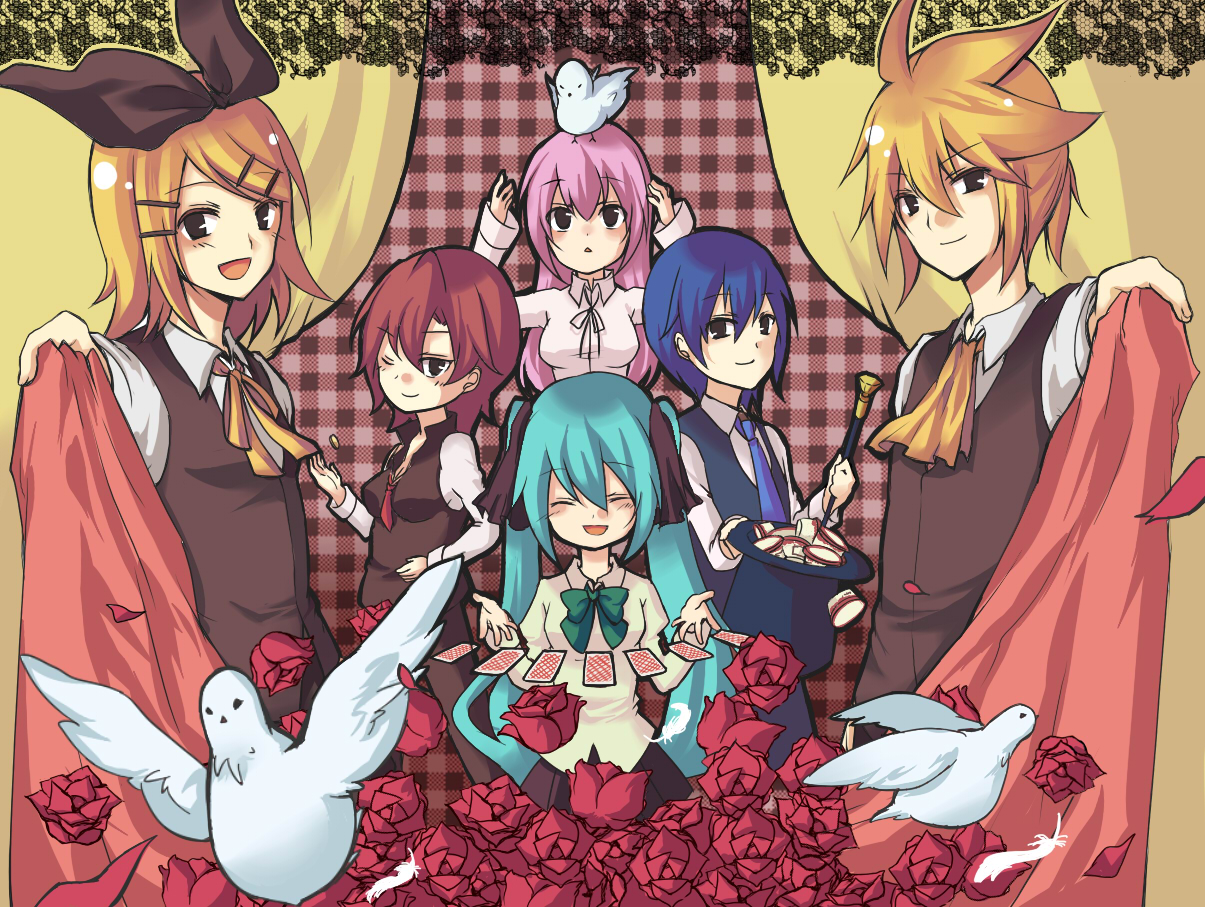 aki-t, hatsune miku, kagamine len, kagamine rin, kaito (vocaloid), megurine luka, meiko (vocaloid), vocaloid, bad id, bad pixiv id, 2boys, 4girls, animal, animal on head, aqua hair, bird, bird on head, black eyes, blonde hair, blue hair, brown hair, card, closed eyes, floating card, flower, formal clothes, hair ornament, hair ribbon, hairclip, hat, long hair, multiple boys, multiple girls, necktie, on head, red flower, red rose, ribbon, rose, short hair, smile, suit, top hat, twintails