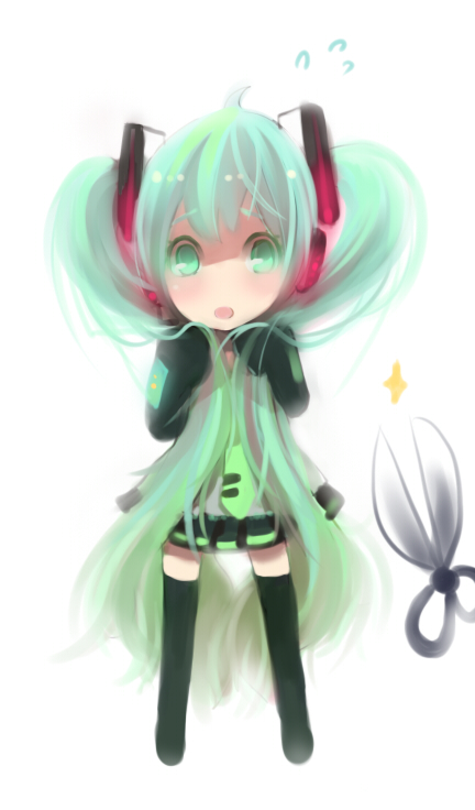 shell (shell518), hatsune miku, vocaloid, bad id, bad pixiv id, 1girl, aqua eyes, aqua hair, bunching hair, chibi, detached sleeves, female focus, long hair, necktie, scissors, simple background, solo, thighhighs, twintails, very long hair, zettai ryouiki