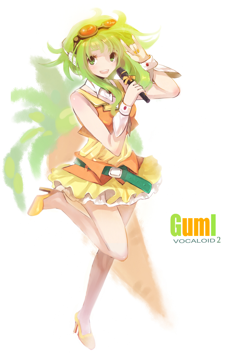 shell (shell518), gumi, vocaloid, highres, 1girl, m/, belt, female focus, goggles, green eyes, green hair, headphones, high heels, matching hair/eyes, shoes, skirt, smile, solo, white background