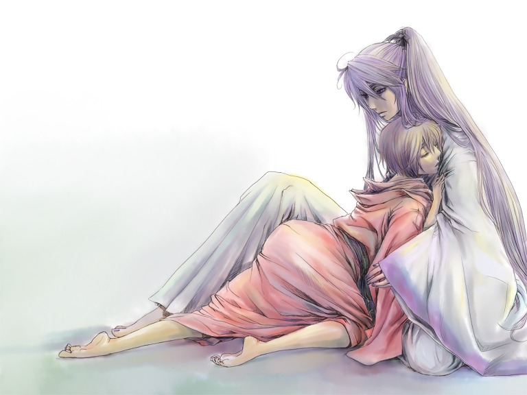 shell (shell518), shichikusa, kamui gakupo, meiko (vocaloid), vocaloid, yumemiru kotori (vocaloid), barefoot, belt, brown hair, closed eyes, feet, hug, japanese clothes, long hair, ponytail, purple hair, short hair