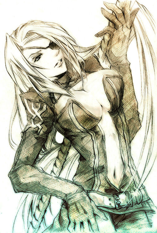 almira, over zenith, artist request, 1girl, belt, breasts, cleavage, eyepatch, female focus, large breasts, long hair, monochrome, navel, no bra, smile, solo, staff, very long hair, white background