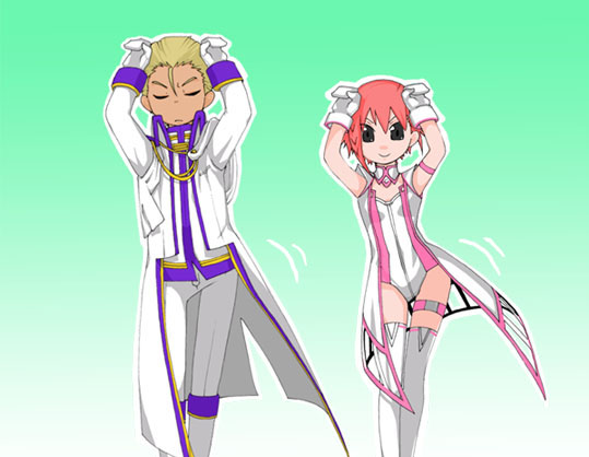 leon, juju, over zenith, uniform, 1boy, 1girl, arms up, blonde hair, caramelldansen, closed eyes, dancing, frown, gloves, pink hair, smile, thighhighs