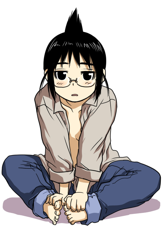 sakaki imasato, ogiue chika, genshiken, 00s, 1girl, androgynous, barefoot, black eyes, black hair, butterfly sitting, crossdressing, crossdressing (ftm), feet, female focus, flat chest, glasses, hands on feet, open clothes, open shirt, otaku, petite, reverse trap, shirt, sitting, solo, topknot