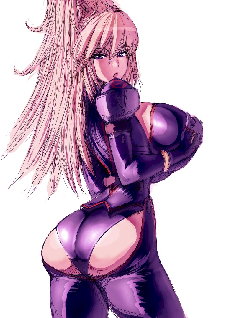 fumio (rsqkr), tachibana mizuki, choujuushin gravion, diva mizuki, 00s, 1girl, ass, ass cutout, blonde hair, breasts, chaps, clothing cutout, covering breasts, covering privates, female focus, grabbing another's breast, groping, huge breasts, long hair, looking back, military, military uniform, ponytail, purple eyes, sideboob, sketch, skin tight, soldier, solo, vinyl