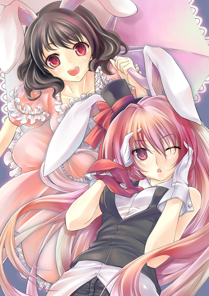 lilithbloody, inaba tewi, reisen udongein inaba, touhou, bad id, bad pixiv id, 2girls, aged up, alternate costume, alternate hair color, animal ears, black hair, female focus, gloves, hat, long hair, mini hat, mini top hat, multicolored hair, multiple girls, necktie, one eye closed, open mouth, parasol, pink hair, purple hair, rabbit ears, red eyes, short hair, smile, top hat, umbrella, vest, wink
