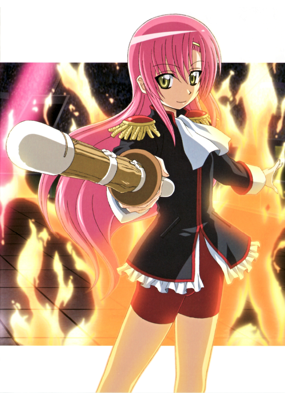 katsura hinagiku, tenjou utena, hayate no gotoku!, shoujo kakumei utena, highres, non-web source, 1girl, bike shorts, cosplay, epaulettes, female focus, fire, foreshortening, long hair, look-alike, pink hair, shinai, solo, sword, tenjou utena (cosplay), weapon, yellow eyes