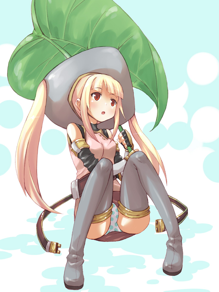 hama chon, original, 1girl, blonde hair, elbow gloves, female focus, fingerless gloves, full body, gloves, hat, leaf, leaf umbrella, long hair, panties, pantyshot, polka dot, polka dot panties, red eyes, sitting, solo, thighhighs, twintails, underwear