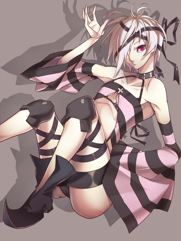 momiagenberugu, folo, million knights vermilion, striped, bad id, bad pixiv id, 1boy, ahoge, androgynous, crossdressing, crossdressing (mtf), detached sleeves, flat chest, hair over one eye, male focus, short hair, shota, solo, trap