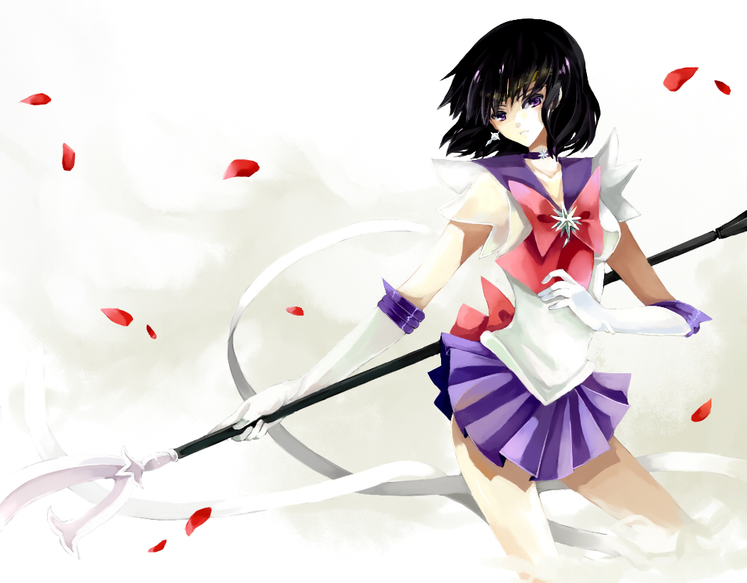 nako, nako (nonrain), sailor saturn, tomoe hotaru, bishoujo senshi sailor moon, bad id, bad pixiv id, 1990s (style), 1girl, black hair, bob cut, bow, brooch, choker, earrings, elbow gloves, female focus, gloves, holding, holding polearm, holding spear, holding weapon, jewelry, magical girl, miniskirt, petals, polearm, purple eyes, purple skirt, red bow, retro artstyle, silence glaive, skirt, solo, spear, staff, star brooch, weapon, white gloves