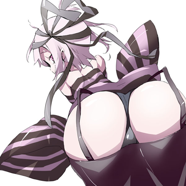 hama chon, folo, million knights vermilion, light purple hair, 1boy, ass, bent over, crossdressing, crossdressing (mtf), from behind, looking back, male focus, panties, pink eyes, ribbon, shirt, short hair, solo, striped clothes, striped shirt, thighhighs, trap, underwear
