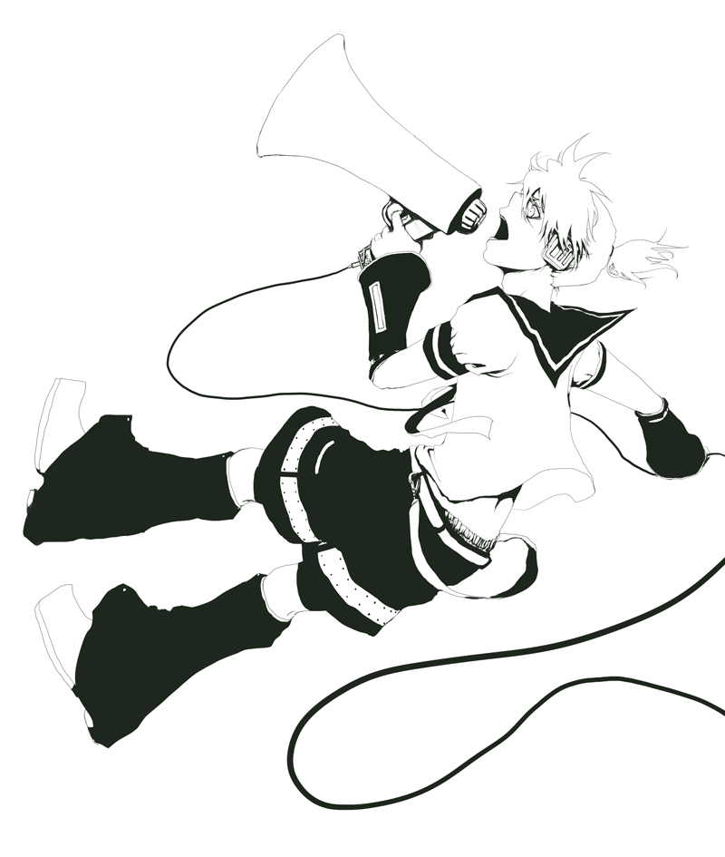 shichikusa, kagamine len, koi wa sensou (vocaloid), vocaloid, 1boy, full body, green theme, headphones, male focus, megaphone, monochrome, open mouth, ponytail, short hair, shorts, simple background, solo