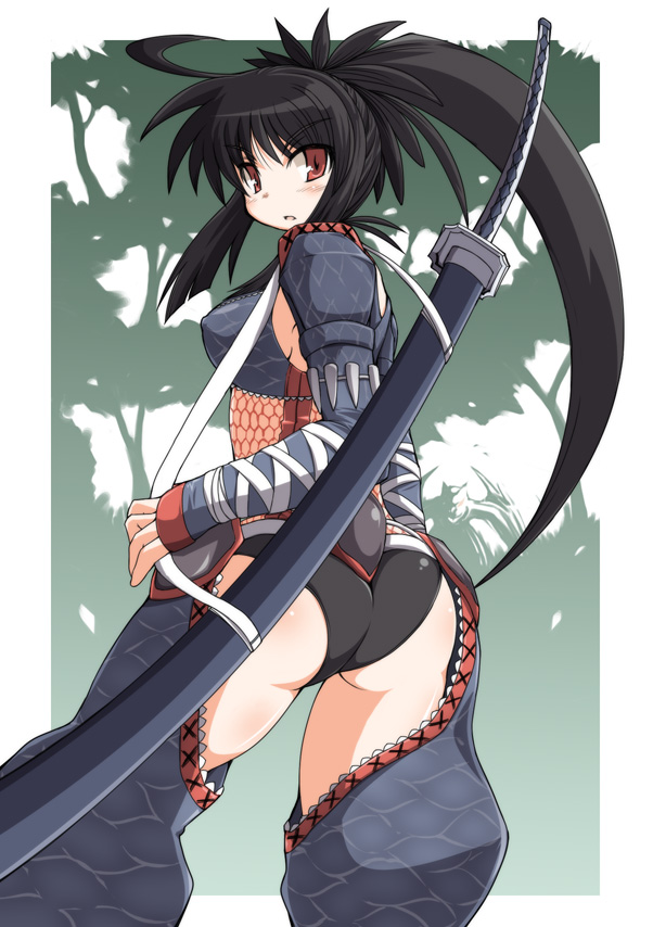 naitou kouse, capcom, monster hunter (series), 1girl, armor, ass, black hair, female focus, katana, looking back, nargacuga (armor), ootachi, ponytail, red eyes, solo, sword, weapon