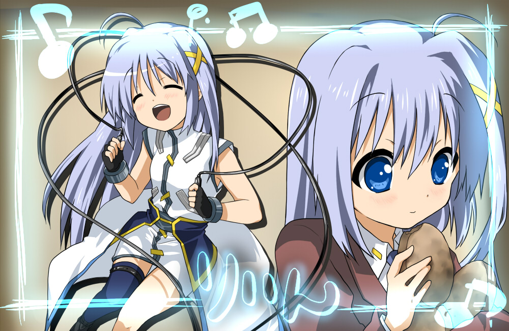 467 (artist), reinforce zwei, k-on!, lyrical nanoha, mahou shoujo lyrical nanoha, mahou shoujo lyrical nanoha strikers, bad id, bad pixiv id, 1girl, ahoge, blue eyes, blue hair, female focus, hair ornament, magical girl, matching hair/eyes, military, military uniform, parody, solo, thighhighs, x hair ornament