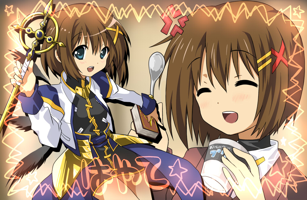 467 (artist), schwertkreuz, yagami hayate, k-on!, lyrical nanoha, mahou shoujo lyrical nanoha, mahou shoujo lyrical nanoha strikers, bad id, bad pixiv id, 1girl, blue eyes, brown hair, hair ornament, parody, staff, x hair ornament