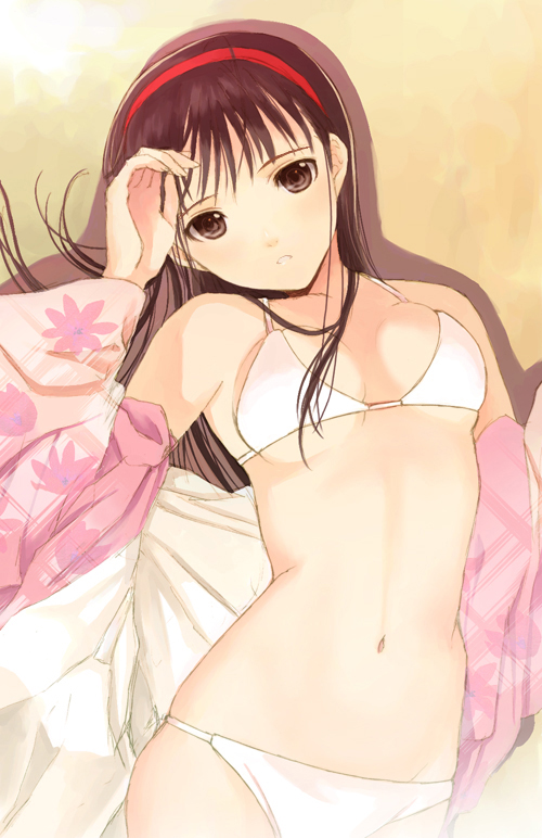 seiru (prairie), amagi yukiko, atlus, persona, persona 4, 1girl, bikini, black hair, breasts, brown eyes, female focus, hairband, japanese clothes, kimono, long hair, lying, medium breasts, navel, solo, swimsuit, white bikini, yukata