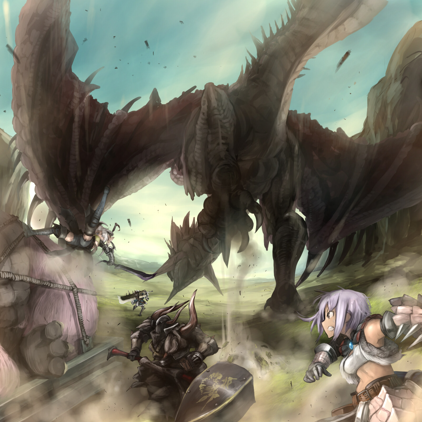 sadamatsu ryuuichi, congalala, rathalos, capcom, monster hunter (series), highres, 1boy, 3girls, armor, dragon, gloves, hammer, huge weapon, midriff, multiple girls, painterly, purple hair, short hair, sword, weapon, wyvern
