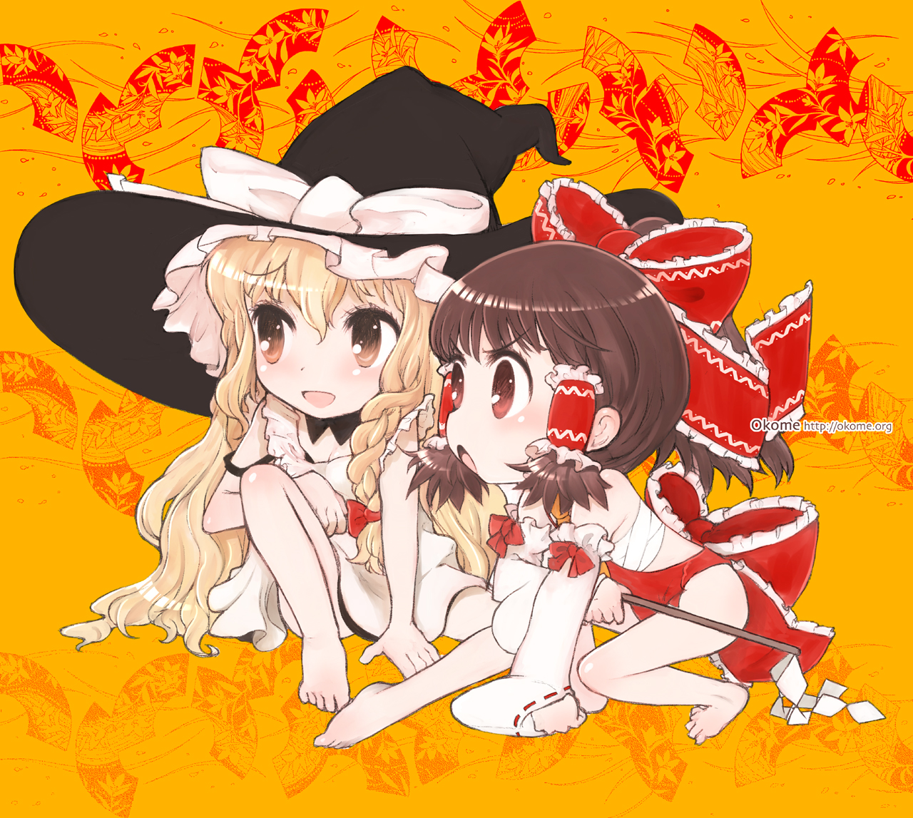 okome (ricecandy), ricecandy, hakurei reimu, kirisame marisa, touhou, bad id, bad pixiv id, >:o, 2girls, :o, angry, barefoot, blonde hair, braid, brown hair, chibi, detached sleeves, feet, female focus, gohei, hat, japanese clothes, miko, multiple girls, open mouth, sarashi, v-shaped eyebrows, witch, witch hat