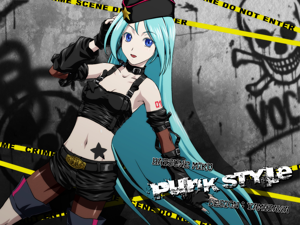 iga tomoteru, hatsune miku, project diva, project diva (series), vocaloid, bad id, bad pixiv id, 1girl, :d, alternate costume, aqua hair, aqua nails, armpits, bare shoulders, belt, belt buckle, black gloves, blue eyes, boots, breasts, buckle, caution tape, character name, cleavage, collar, collarbone, colored eyelashes, cowboy shot, crop top, detached sleeves, english text, female focus, fingerless gloves, fishnet thighhighs, fishnets, garrison cap, gloves, graffiti, hand on own head, hand up, hat, headset, leather, long hair, looking at viewer, midriff, nail polish, navel, open mouth, pantyhose, punk, radiation symbol, shadow, short shorts, shorts, skull and crossbones, small breasts, smile, solo, star (symbol), tattoo, thigh boots, thighband pantyhose, thighhighs, very long hair