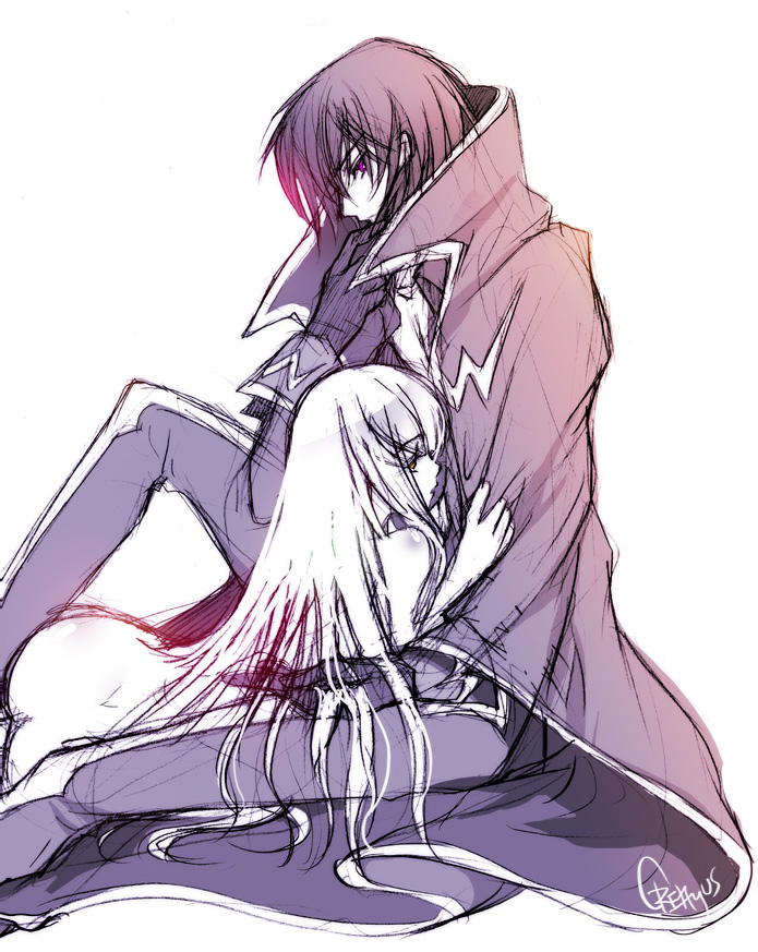 creayus, c.c., lelouch vi britannia, code geass, 00s, 1boy, 1girl, ass, butt crack, cape, clothed male nude female, completely nude, dimples of venus, long hair, monochrome, nude, short hair, sketch, spot color