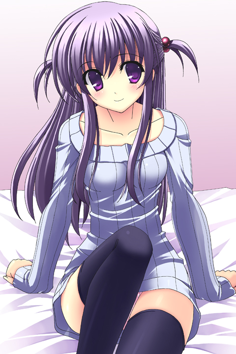 rappa (rappaya), original, 1girl, bed, blush, dress, female focus, hair bobbles, hair ornament, purple eyes, purple hair, short twintails, sitting, smile, solo, sweater, sweater dress, thighhighs, twintails, two side up