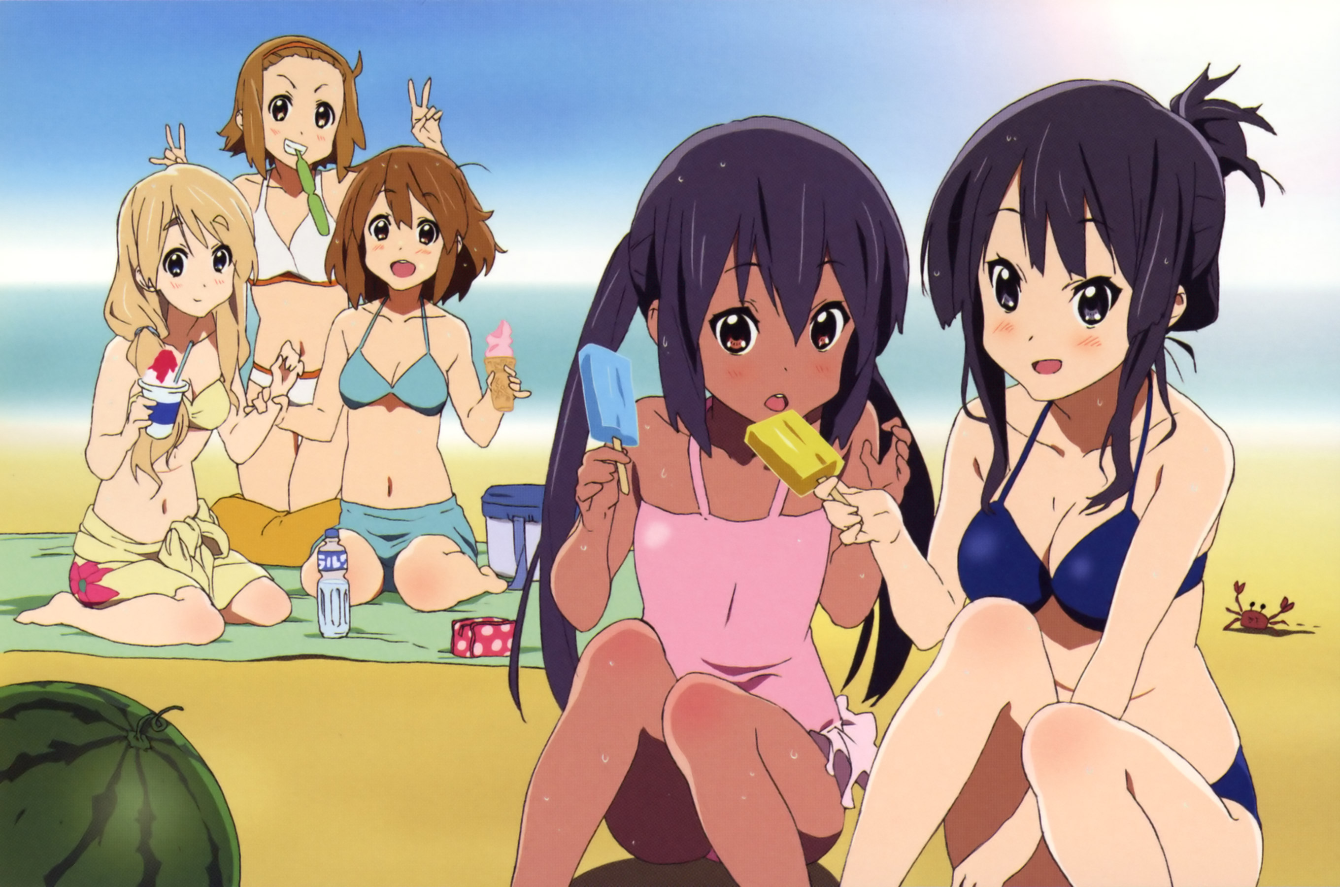 ishidate taichi, akiyama mio, hirasawa yui, kotobuki tsumugi, nakano azusa, tainaka ritsu, k-on!, frilled swimsuit, highres, official art, scan, 00s, 5girls, :d, barefoot, beach, bikini, black eyes, black hair, blonde hair, blue eyes, blush, bottle, breasts, brown eyes, brown hair, casual one-piece swimsuit, cleavage, crab, crustacean, dark-skinned female, dark skin, day, double v, everyone, flat chest, folded ponytail, food, frilled one-piece swimsuit, frills, fruit, grin, hair up, halterneck, ho-kago tea time, holding another's wrist, ice cream, kneeling, long hair, medium breasts, mouth hold, multiple girls, navel, one-piece swimsuit, open mouth, outdoors, pink one-piece swimsuit, ponytail, popsicle, red eyes, sarong, shaved ice, short hair, sitting, sky, small breasts, smile, sweat, swimsuit, tan, towel, twintails, v, water, water bottle, watermelon
